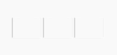 Yatay çerçeve modeli 7: 5, 70x50, A4, A3, A2, A1 manzarası. Üç tane ince beyaz çerçeve. Galeri duvarı maketi, 3 kare seti. Temiz, modern, minimalist, parlak.