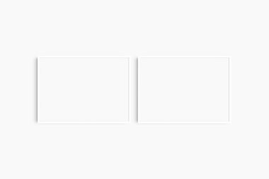 Yatay çerçeve modeli 7: 5, 70x50, A4, A3, A2, A1 manzarası. İki tane ince beyaz çerçeve. Galeri duvarı maketi, 2 kare set. Temiz, modern, minimalist, parlak.