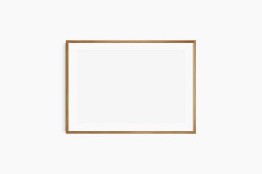 Horizontal frame mockup 7:5, 70x50, A4, A3, A2, A1 landscape. Single cherry wood frame mockup. Clean, modern, minimalist, bright. Passepartout/mat opening in 3:2 aspect ratio. clipart