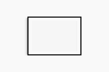 Horizontal frame mockup 7:5, 70x50, A4, A3, A2, A1 landscape. Single black frame mockup. Clean, modern, minimalist, bright. Passepartout/mat opening in 3:2 aspect ratio. clipart