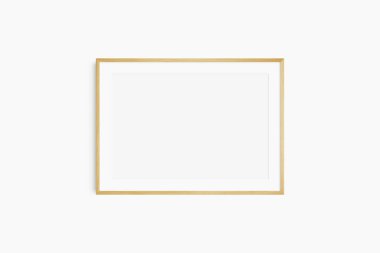 Horizontal frame mockup 7:5, 70x50, A4, A3, A2, A1 landscape. Single oak wood frame mockup. Clean, modern, minimalist, bright. Passepartout/mat opening in 3:2 aspect ratio. clipart