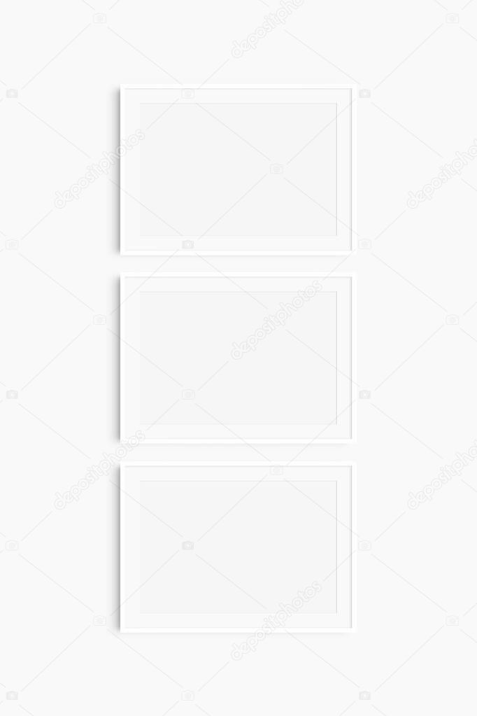 Horizontal frame mockup 7:5, 70x50, A4, A3, A2, A1 landscape. Set of three thin white frames. Gallery wall mockup, set of 3 frames. Clean, modern, minimalist, bright. Mat opening 3:2.