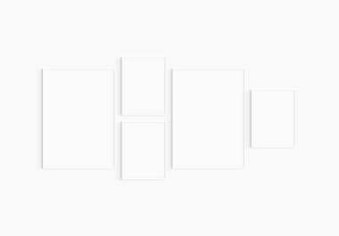 Galeri duvarı modeli. 5 beyaz çerçeve seti. Galeri duvarı çerçeve modeli. İki 50x70 (5: 7) ve üç 30x40 (3: 4) beyaz çerçeve.