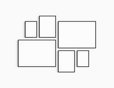 Galeri duvarı modeli. 6 adet siyah çerçeve. Galeri duvarı çerçeve modeli. İki adet 70x50 (7: 5), iki adet 30x40 (3: 4) ve iki adet A4 (5: 7) siyah çerçeve.