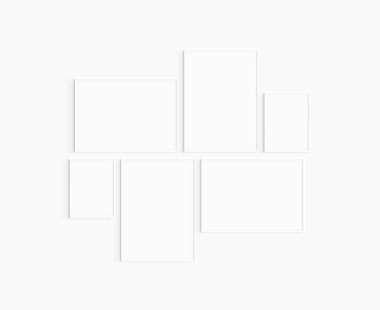 Galeri duvarı modeli. 6 beyaz çerçeve seti. Galeri duvarı çerçeve modeli. İki 50x70 (5: 7), iki 70x50 (7: 5), ve iki 30x40 (3: 4) beyaz çerçeve.