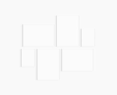 Gallery wall mockup. Set of 6 white frames. Gallery wall frame mockup. Two 50x70 (5:7), two 70x50 (7:5), and two 30x40 (3:4) white frames. clipart
