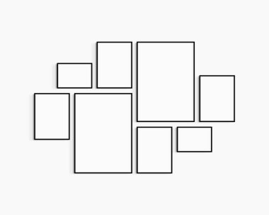 Galeri duvarı modeli. 8 adet siyah çerçeve. Galeri duvarı çerçeve modeli. İki 50x70 (5: 7), dört 30x40 (3: 4) ve iki A4 manzarası (7: 5) siyah çerçeveler.