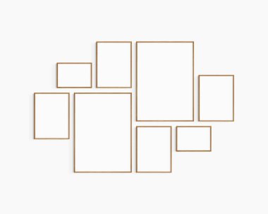Gallery wall mockup. Set of 8 cherry wood frames. Gallery wall frame mockup. Two 50x70 (5:7), four 30x40 (3:4), and two A4 landscape (7:5) wooden frames. clipart