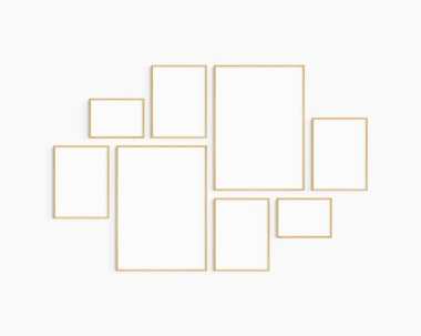 Galeri duvarı modeli. Sekiz meşe ağacı çerçevesi. Galeri duvarı çerçeve modeli. İki 50x70 (5: 7), dört 30x40 (3: 4), ve iki A4 (7: 5) ahşap çerçeve.