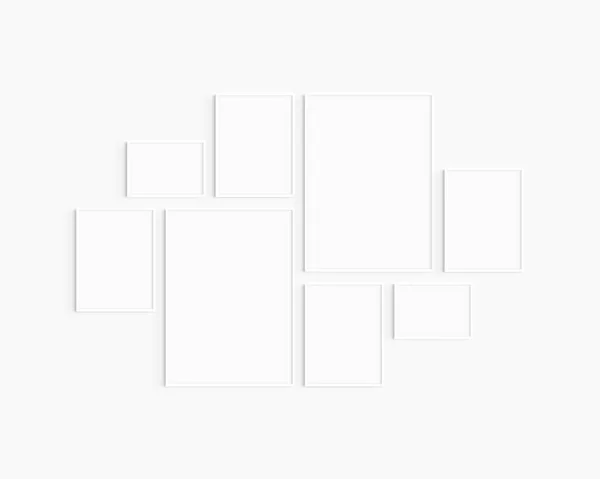 Gallery wall mockup. Set of 8 white frames. Gallery wall frame mockup. Two 50x70 (5:7), four 30x40 (3:4), and two A4 landscape (7:5) white frames.