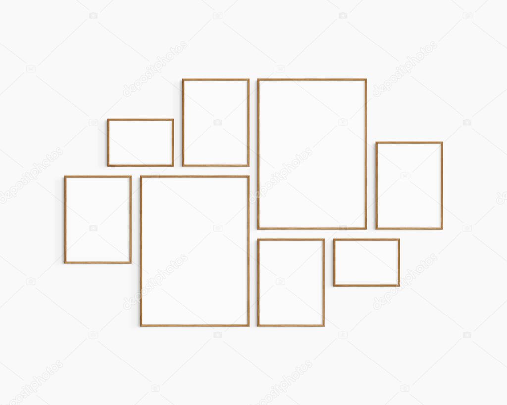 Gallery wall mockup. Set of 8 cherry wood frames. Gallery wall frame mockup. Two 50x70 (5:7), four 30x40 (3:4), and two A4 landscape (7:5) wooden frames.