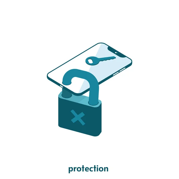Mobile device security, icon, illustration for websites and printed materials, in city tones.