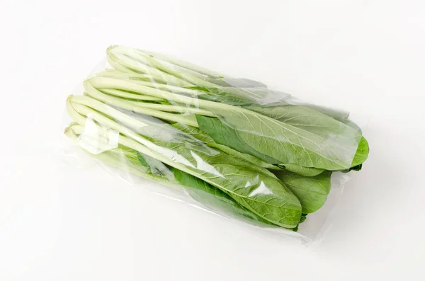 Komatsuna Japanese Mustent Spinach Plastic Bag White Background — 스톡 사진