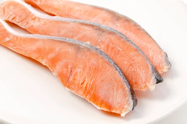 Raw Coho Salmon Fillet White Plate — Stock Photo, Image