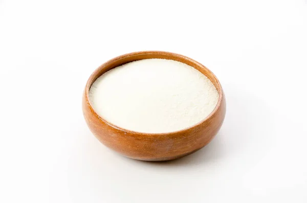 Αποβουτυρωμένο Γάλα Σκόνη Ξύλινο Στρογγυλό Μπολ Λευκό Φόντο — Φωτογραφία Αρχείου