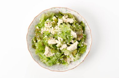 Taze kırmızı marul ve sert tofu salatası çiğ, vejetaryen ve vejetaryen diyeti için en iyisi..