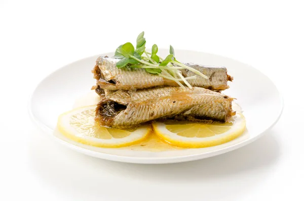 Sardines Slice Lemon White Plate — Stock Photo, Image
