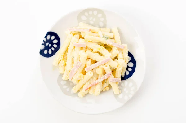 Macaroni Salade Met Mayonaise Komkommer Maïs Ham — Stockfoto