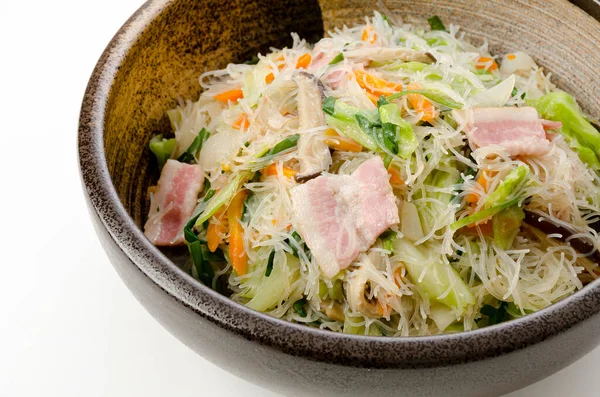 Stir fried rice vermicelli with bacon and vegetable