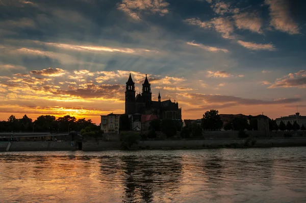 Katedralen i magdeburg och floden elbe vid solnedgången — Stockfoto