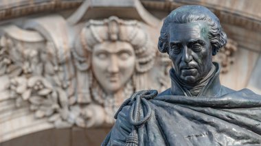 Monument to King Frederick Augustus I of Saxony in front of Supreme Land Court palace in Dresden, Germany, derails, closeup