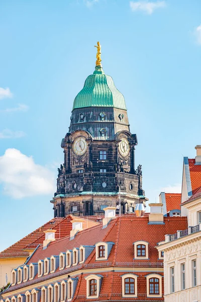 Bell Clock Tower City Hall Historical Museum Downtown Dresden Blue — Stockfoto
