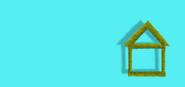 Banner with mossed and lichened green wet forest tree symbolic house isolated at turquoise background with copy space and shadow