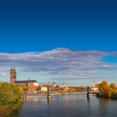Magdeburg tarihi şehir merkezi, Elbe nehri, şehir parkı ve altın sonbahar renklerinde antik ortaçağ katedrali ile kapak sayfası mavi bulutlu gökyüzü ve güneşli bir günde, Magdeburg, Almanya