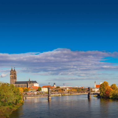 Magdeburg tarihi şehir merkezi, Elbe nehri, şehir parkı ve altın sonbahar renklerinde antik ortaçağ katedrali ile kapak sayfası mavi bulutlu gökyüzü ve güneşli bir günde, Magdeburg, Almanya