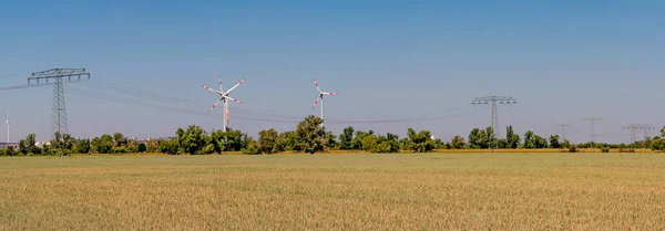 Panoramic view over beautiful wheat farm landscape with wind turbines to produce green energy and high voltage power line towers in Germany, Summer, on a sunny day and blue sky