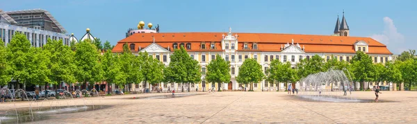 Panoramic View Major Square Fountains Magdeburg Cathedral Government Office Sunny — 스톡 사진