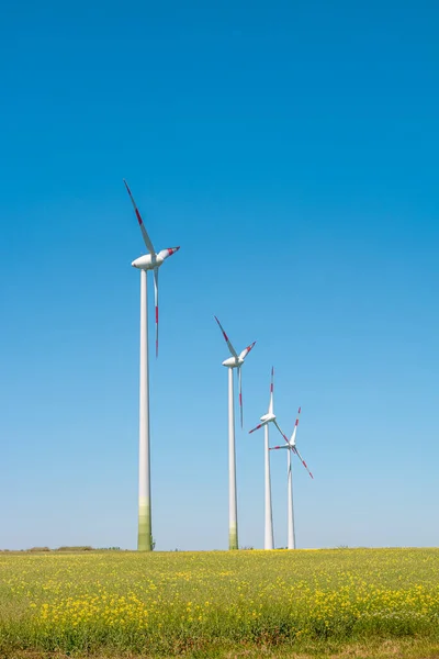 Uitzicht Prachtig Boerderijlandschap Met Koolzaad Geel Bloesemveld Windturbines Groene Energie — Stockfoto