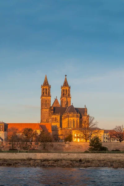 View Historical Downtown Magdeburg Old Town Elbe River Magnificent Cathedral — Stock Photo, Image