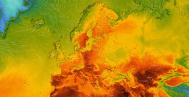 Dresden, Germany - July 21, 2022: Map of Europe, the whole EU on Windy weather web service showing global heatwave of extreme high temperature. Concept of global warming and extreme weather