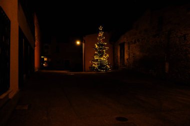 Savosa, Canton Ticino, İsviçre - 13 Aralık 2021: Eski Savosa kasabasında bir Noel ağacının gece çekimi.