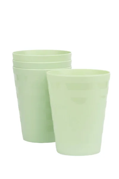 Három Zöld Műanyag Pohár — Stock Fotó