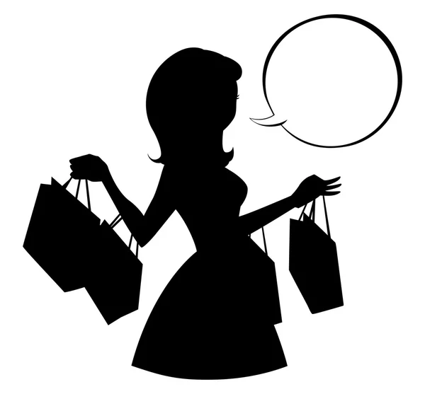 Shopping gadis siluet dengan gelembung bicara kosong - Stok Vektor
