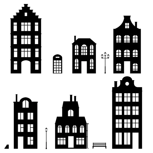 Conjunto de casas siluetas, sobre fondo blanco — Archivo Imágenes Vectoriales