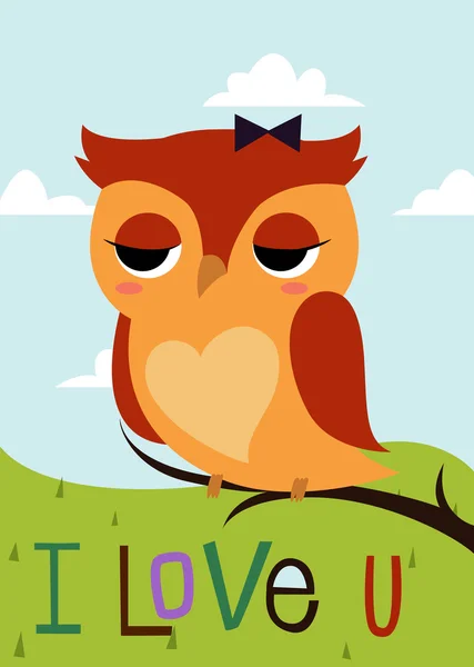 Cartoon owl on a tree branch card — Stock Vector