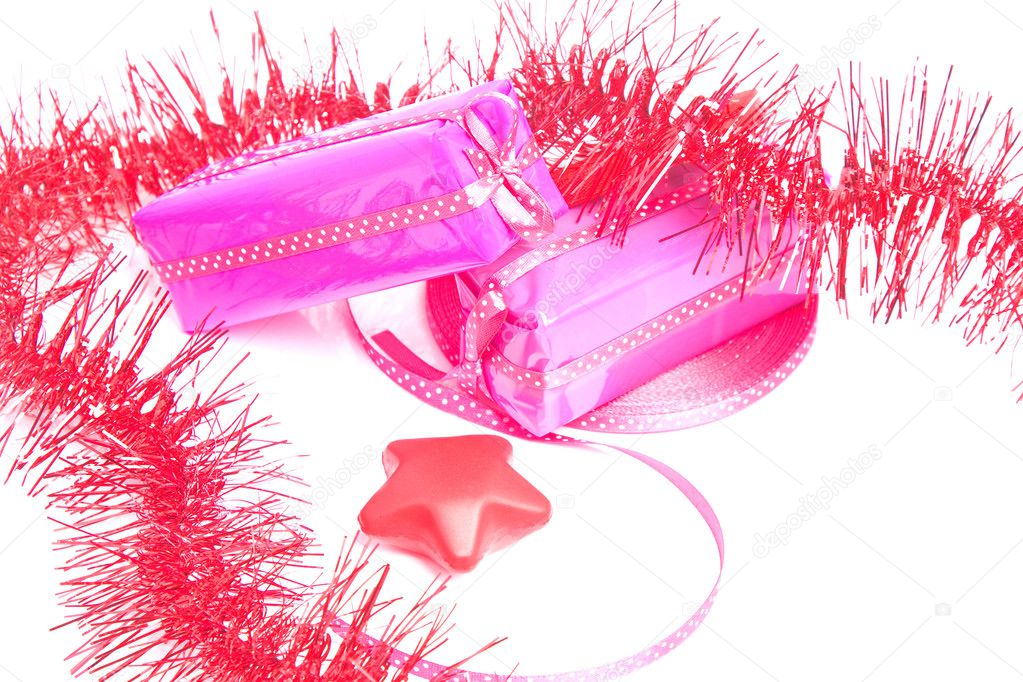 Two packages with red decorations