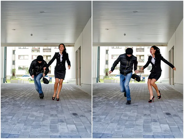 Bandido robando bolsa de mujer de negocios en la calle. Collage. — Foto de Stock