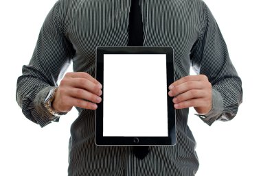 adam gösteren değmek perde tablet pc ile boş ekran de. beyaz izole