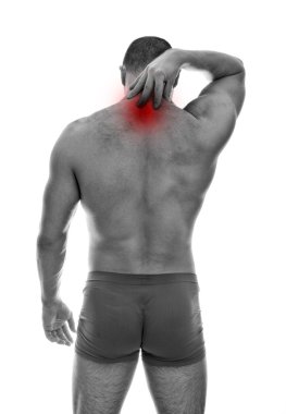 Rear view of muscular man with neck pain. Isolated on white. black and whit clipart