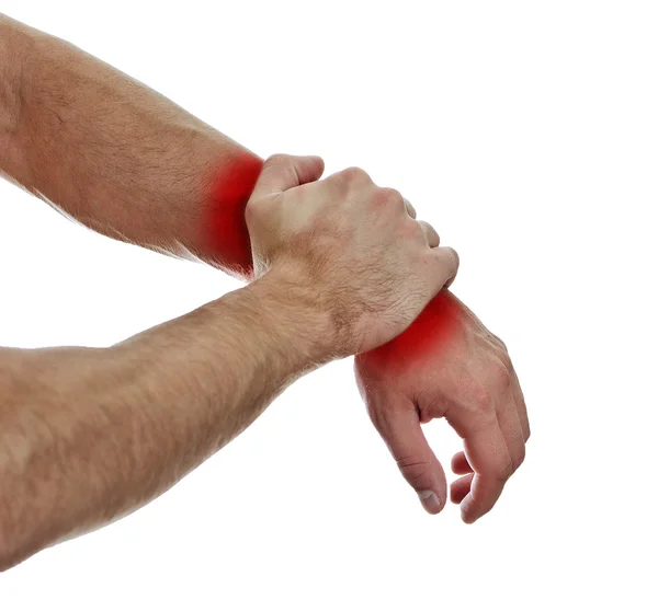 Zblízka pohled mužských rukou s bolest zápěstí. izolované na bílém. — Stock fotografie