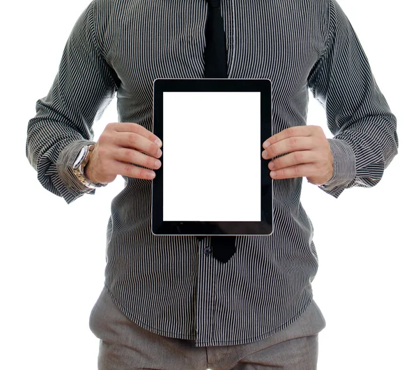 Man showing touch screen tablet pc with blank screen. Isolated on white — Stock Photo, Image