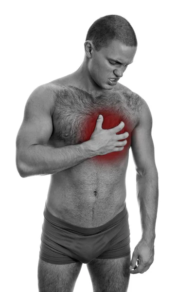 Front view of muscular man with chest pain. Isolated on white. black and wh — Stock Photo, Image