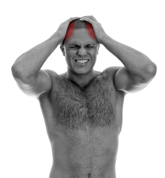 Muscular man suffering from headache. Isolated on white. black and white — Stock Photo, Image