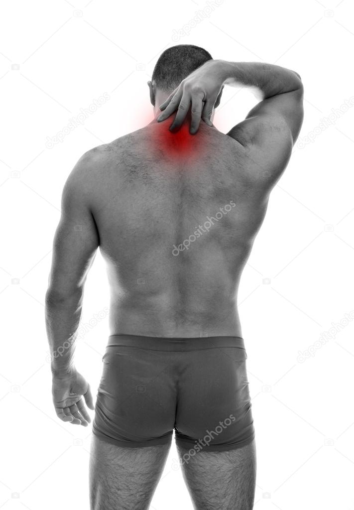 Rear view of muscular man with neck pain. Isolated on white. black and whit
