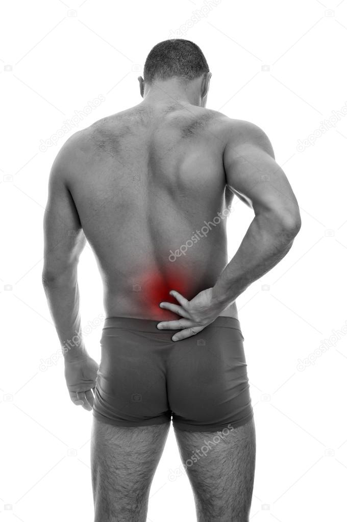 Rear view of muscular man with spinal pain. Isolated on white. black and wh