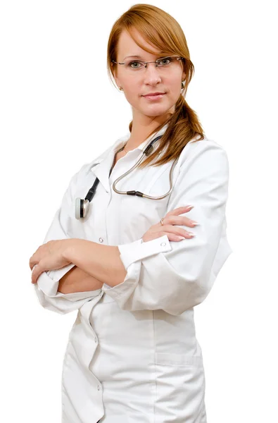 Portrait of young female doctor. Isolated on white Royalty Free Stock Images